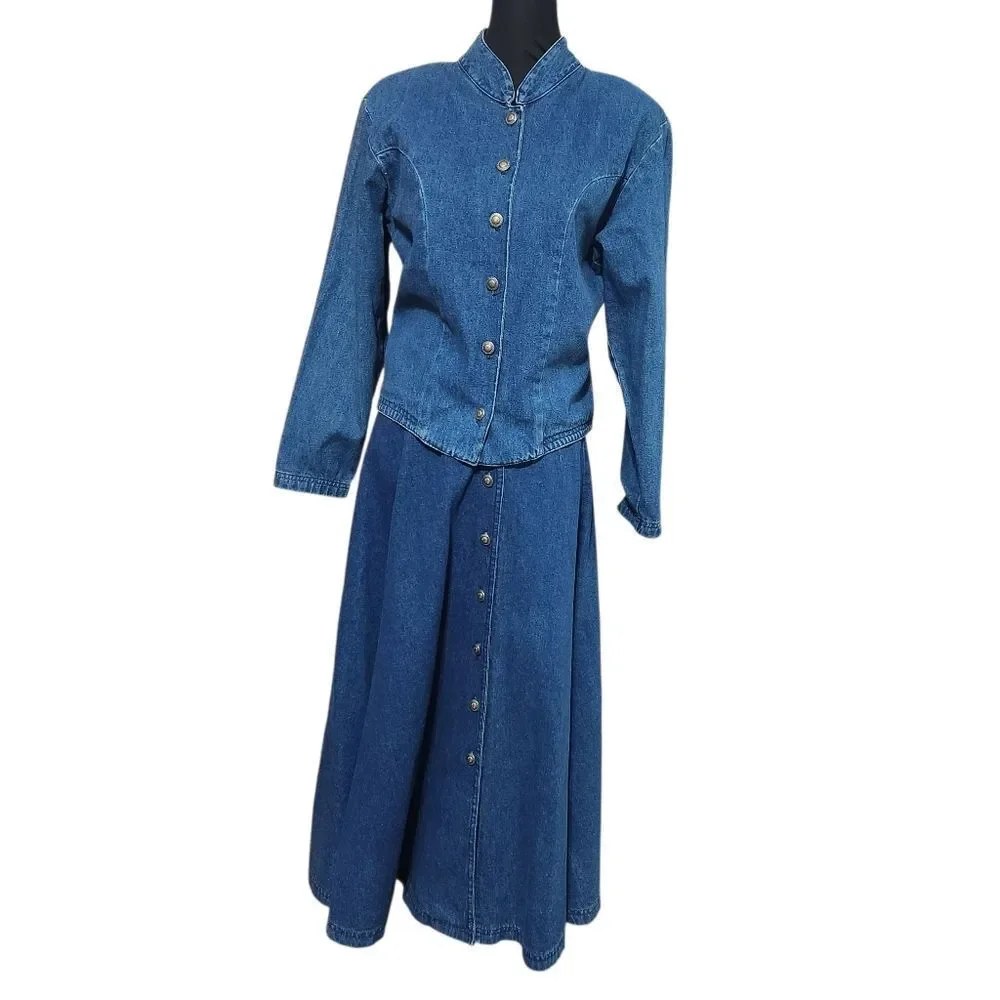Vintage Waco Denim Outfit Womens Size 4 XS S Blue Jean Long Full Skirt Jacket